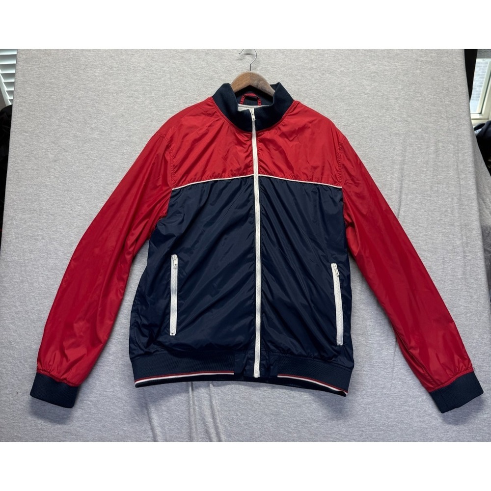 H&M Windbreaker Jacket Mens XL Red Navy Colorblock Waterproof Mock Neck Full Zip